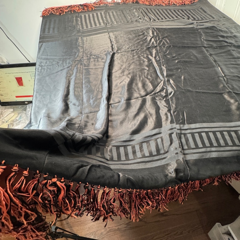 Vintage Reversible Fringed Tablecloth Black and Terracotta Orange Satin